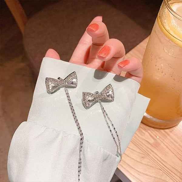 Silver Bow Dangles | Dainty Crystal Tassel Ethereal Ribbon Earrings
