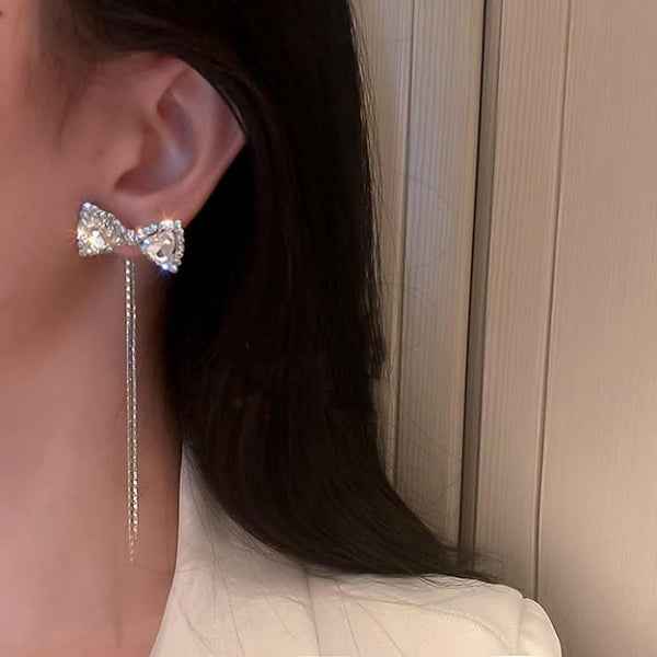 Silver Bow Dangles | Dainty Crystal Tassel Ethereal Ribbon Earrings