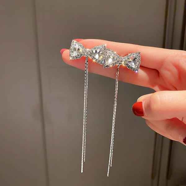 Silver Bow Dangles | Dainty Crystal Tassel Ethereal Ribbon Earrings