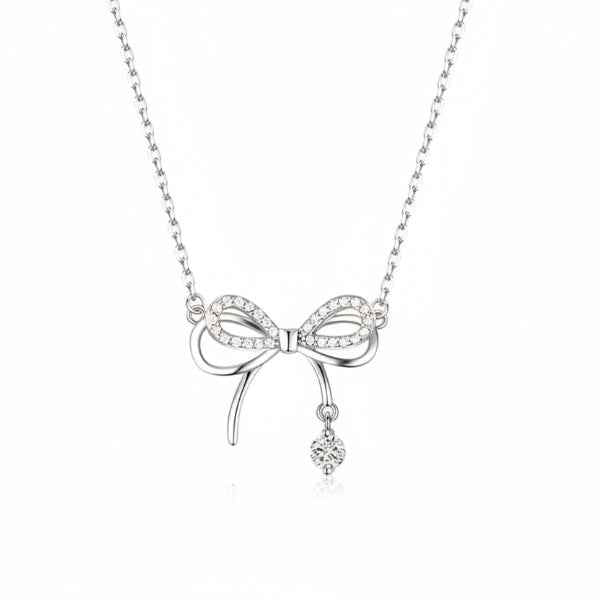 Silver Bow Necklace - Dainty Ribbon Jewelry with Cubic Zirconia