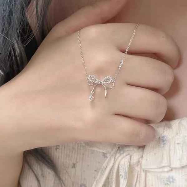 Silver Bow Necklace - Dainty Ribbon Jewelry with Cubic Zirconia