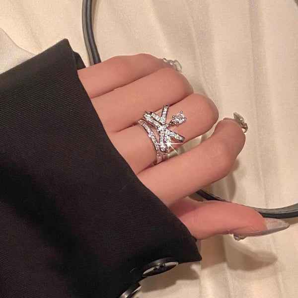 Silver Bow Ring: Dangle Charm Ring with Sparkling CZ Crystal Band