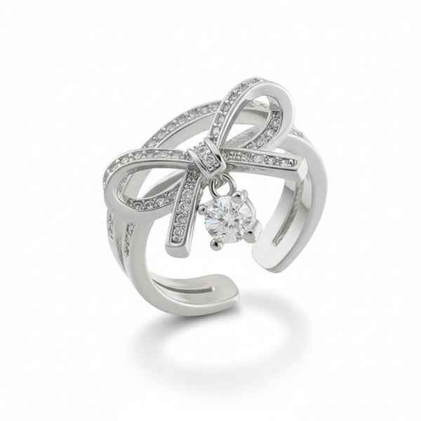 Pack of 2 Silver Plated Bow Necklace & Bow Ring | Dainty Ribbon CZ Pendant with Sparkling Cubic Zirconia Charm Ring