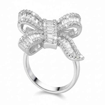 Silver Bow Ring - Sparkling Adjustable Finger Ring for Women & Girls