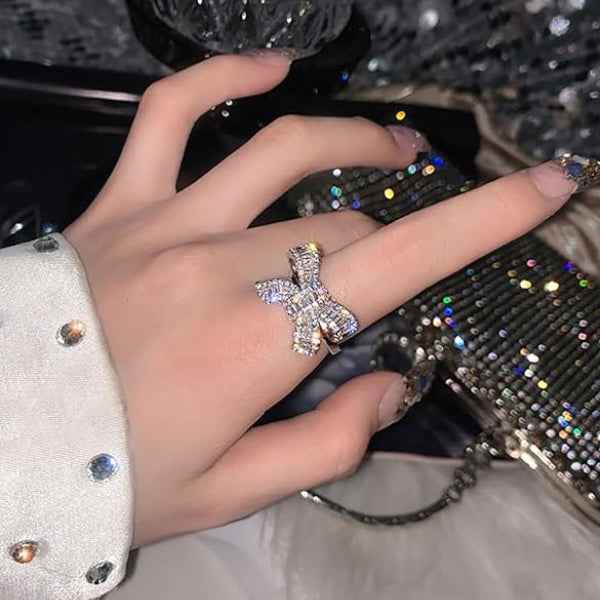 Silver Bow Ring - Sparkling Adjustable Finger Ring for Women & Girls
