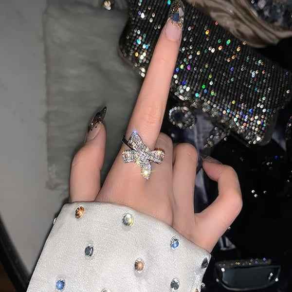 Silver Bow Ring - Sparkling Adjustable Finger Ring for Women & Girls