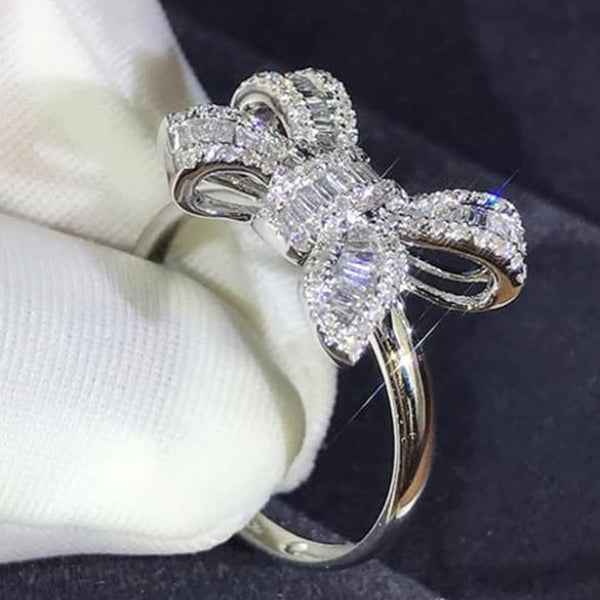 Silver Bow Ring - Sparkling Adjustable Finger Ring for Women & Girls