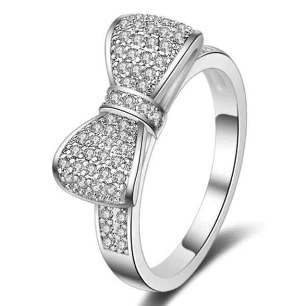 Silver Bow Ring - Shimmering Cubic Zirconia Pave Ribbon Band Ring