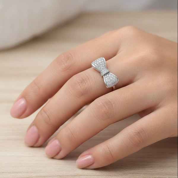 Silver Bow Ring - Shimmering Cubic Zirconia Pave Ribbon Band Ring