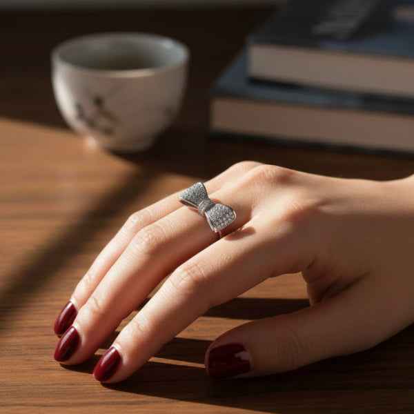 Silver Bow Ring - Shimmering Cubic Zirconia Pave Ribbon Band Ring