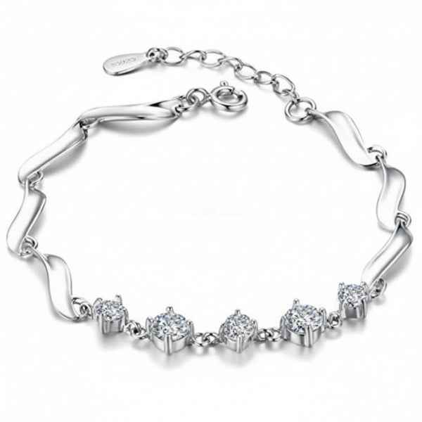 Silver Bracelet with Wave Link Design & Sparkling Cubic Zirconia