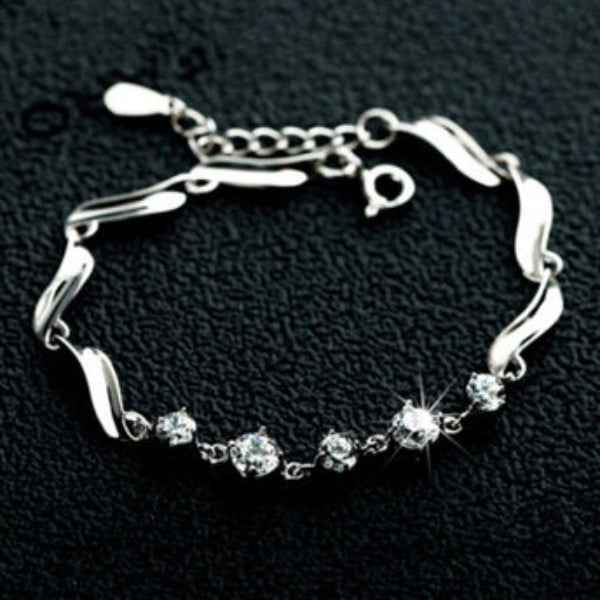Silver Bracelet with Wave Link Design & Sparkling Cubic Zirconia