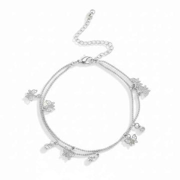 Dainty Silver Butterfly Charm Anklet - Double Layer Boho Foot Jewelry