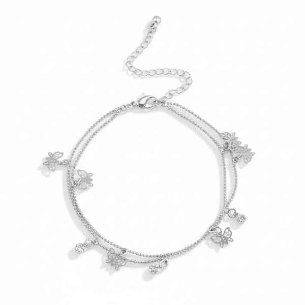Dainty Silver Butterfly Charm Anklet - Double Layer Boho Foot Jewelry