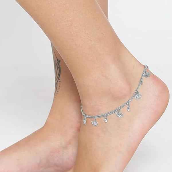 Dainty Silver Butterfly Charm Anklet - Double Layer Boho Foot Jewelry