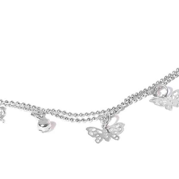 Dainty Silver Butterfly Charm Anklet - Double Layer Boho Foot Jewelry