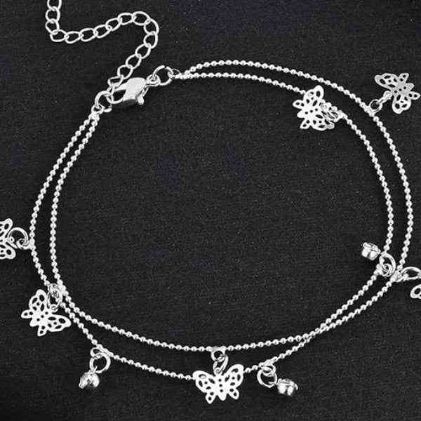 Dainty Silver Butterfly Charm Anklet - Double Layer Boho Foot Jewelry