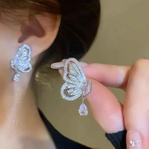 Silver Butterfly Earrings: Dainty Crystal Drop Jewelry for Women