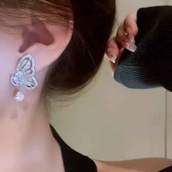 Silver Butterfly Earrings: Dainty Crystal Drop Jewelry for Women