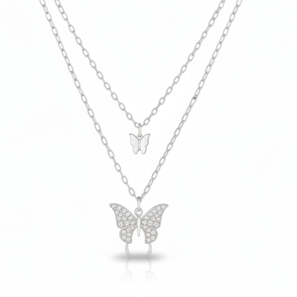 Sophisticated Silver Layered Butterfly Necklace | Radiant Rhinestone Jewelry