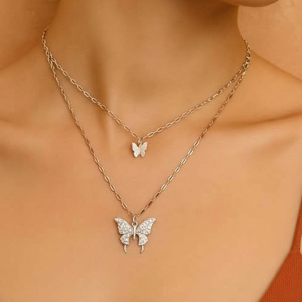 Sophisticated Silver Layered Butterfly Necklace | Radiant Rhinestone Jewelry
