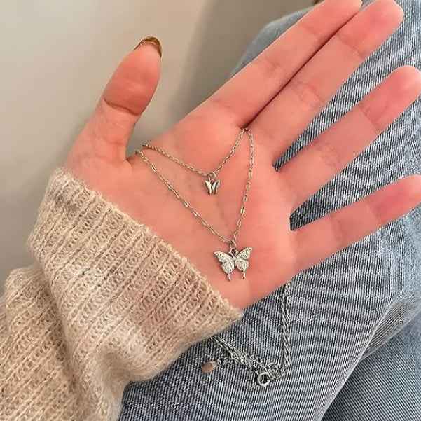 Sophisticated Silver Layered Butterfly Necklace | Radiant Rhinestone Jewelry