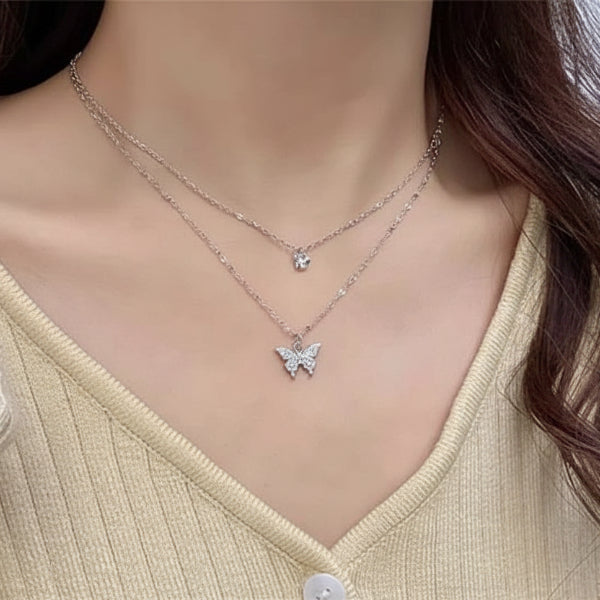 Sophisticated Silver Layered Butterfly Necklace | Radiant Rhinestone Jewelry