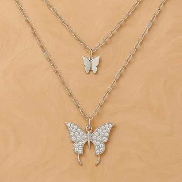 Sophisticated Silver Layered Butterfly Necklace | Radiant Rhinestone Jewelry