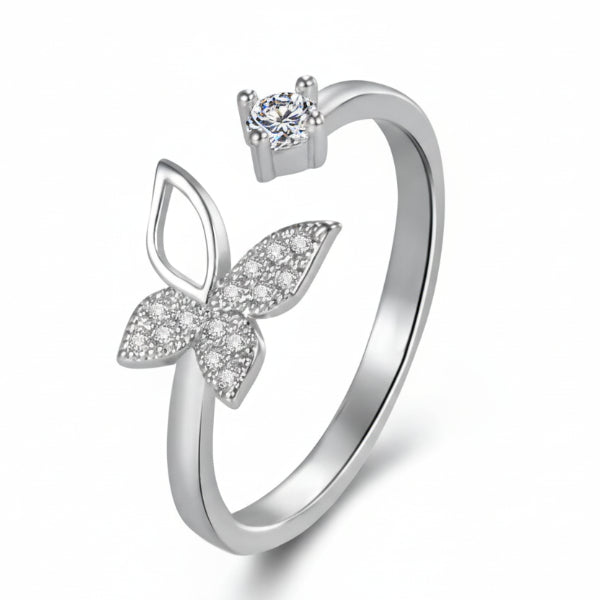 Silver Butterfly Ring: Dainty CZ Stone Adjustable Bypass Band