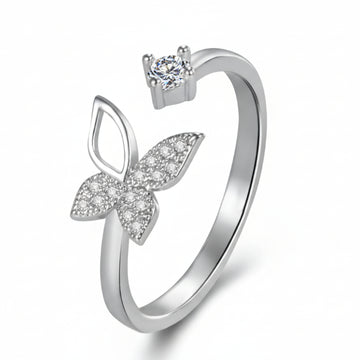 Silver Butterfly Ring: Dainty CZ Stone Adjustable Bypass Band