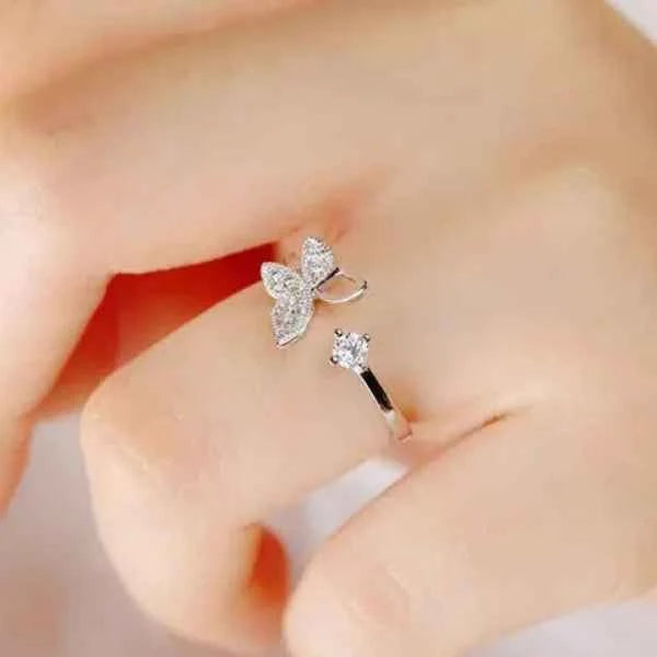 Silver Butterfly Ring: Dainty CZ Stone Adjustable Bypass Band