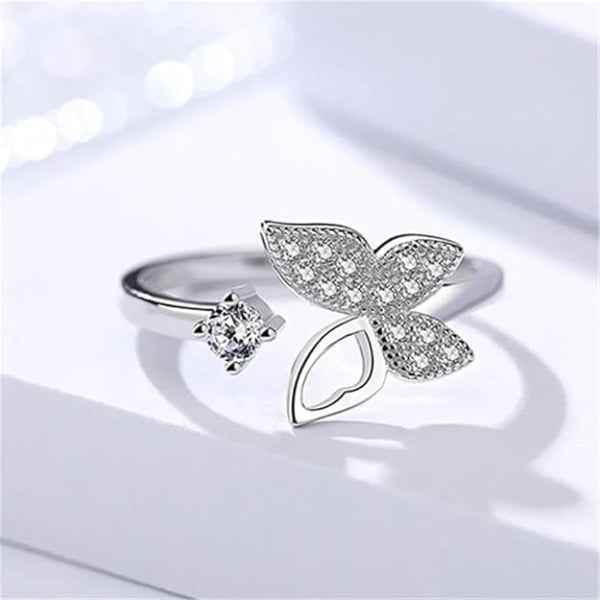 Silver Butterfly Ring: Dainty CZ Stone Adjustable Bypass Band