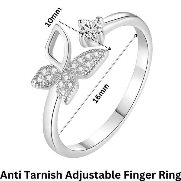 Silver Butterfly Ring: Dainty CZ Stone Adjustable Bypass Band