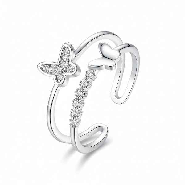 Silver Butterfly Finger Ring - Sparkling Crystal Adjustable Jewelry