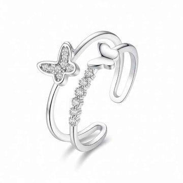 Silver Butterfly Finger Ring - Sparkling Crystal Adjustable Jewelry