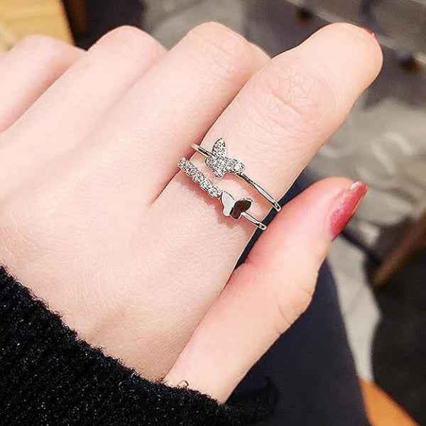 Silver Butterfly Finger Ring - Sparkling Crystal Adjustable Jewelry