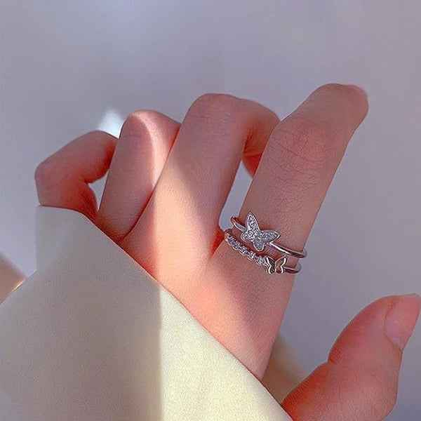 Silver Butterfly Finger Ring - Sparkling Crystal Adjustable Jewelry