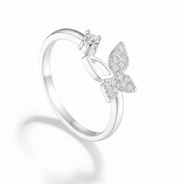 Bold Silver Butterfly Ring - Sparkling Crystal Adjustable Finger Ring