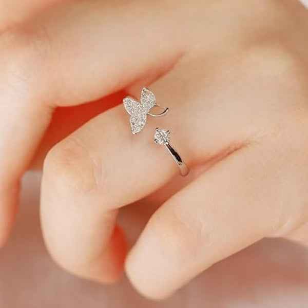 Bold Silver Butterfly Ring - Sparkling Crystal Adjustable Finger Ring