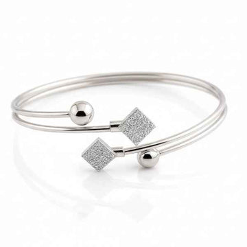 Silver Bypass Bangle with Glittering Rhombus charms and Ball Accents