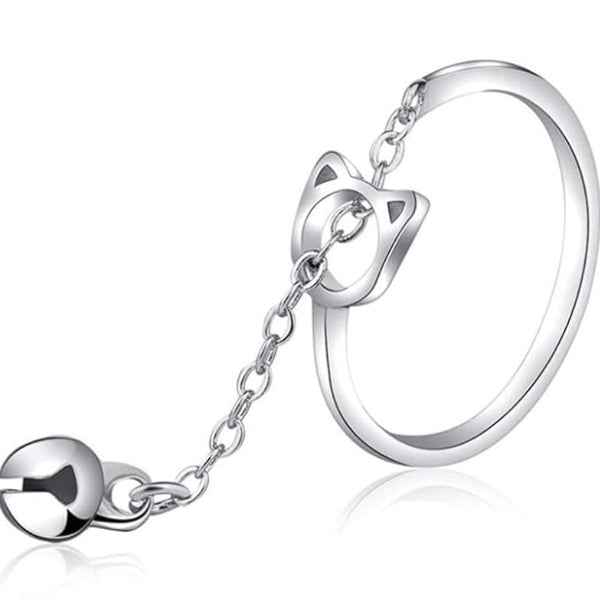Silver Cat Ring - Shimmering Bell Dangle Charm Adjustable Kitten Ring