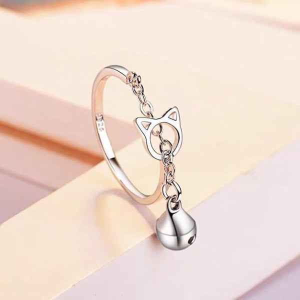 Silver Cat Ring - Shimmering Bell Dangle Charm Adjustable Kitten Ring