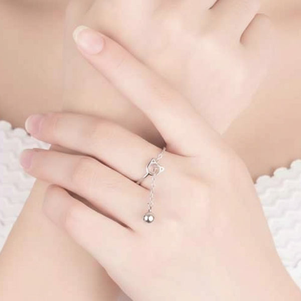 Silver Cat Ring - Shimmering Bell Dangle Charm Adjustable Kitten Ring