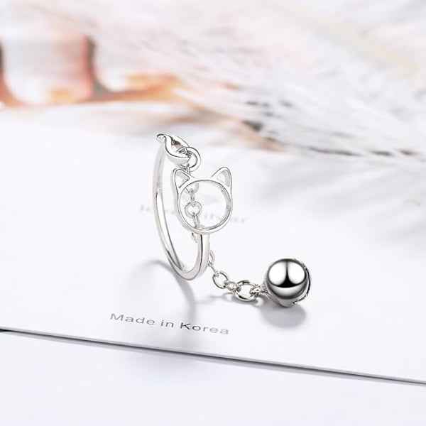 Silver Cat Ring - Shimmering Bell Dangle Charm Adjustable Kitten Ring