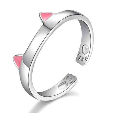 Silver Cat Ring - Shimmering Pink Paw Band Jewelry for Animal Lovers