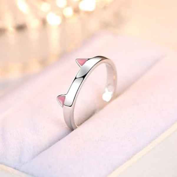 Silver Cat Ring - Shimmering Pink Paw Band Jewelry for Animal Lovers