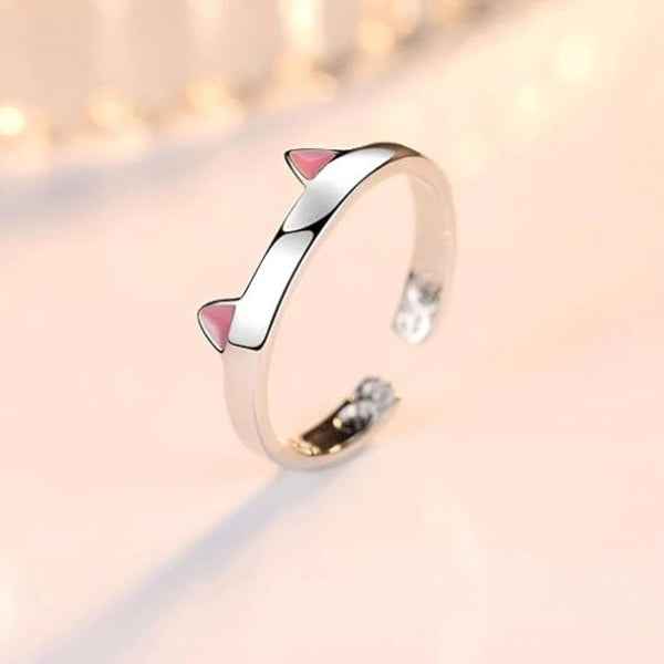 Silver Cat Ring - Shimmering Pink Paw Band Jewelry for Animal Lovers