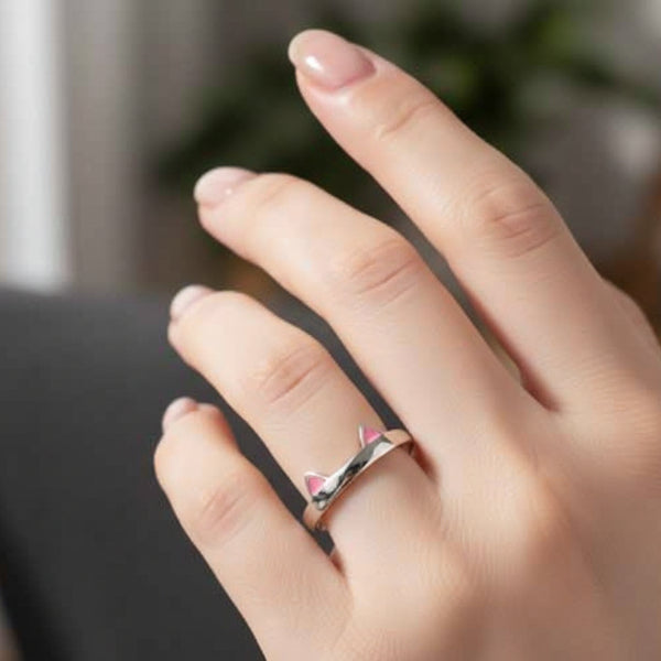 Silver Cat Ring - Shimmering Pink Paw Band Jewelry for Animal Lovers