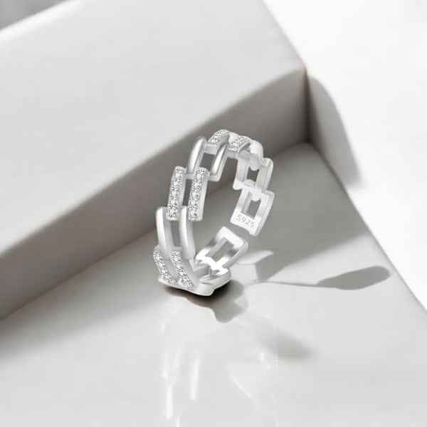 Silver Chain Ring - Shimmering Cubic Zirconia Adjustable Promise Ring