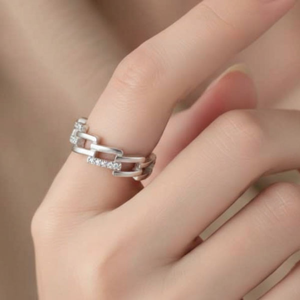 Silver Chain Ring - Shimmering Cubic Zirconia Adjustable Promise Ring